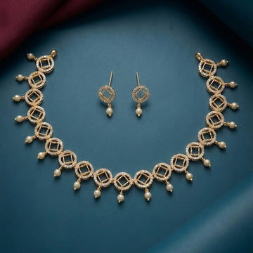Geometric Pearl Drop American Diamond Necklace Set