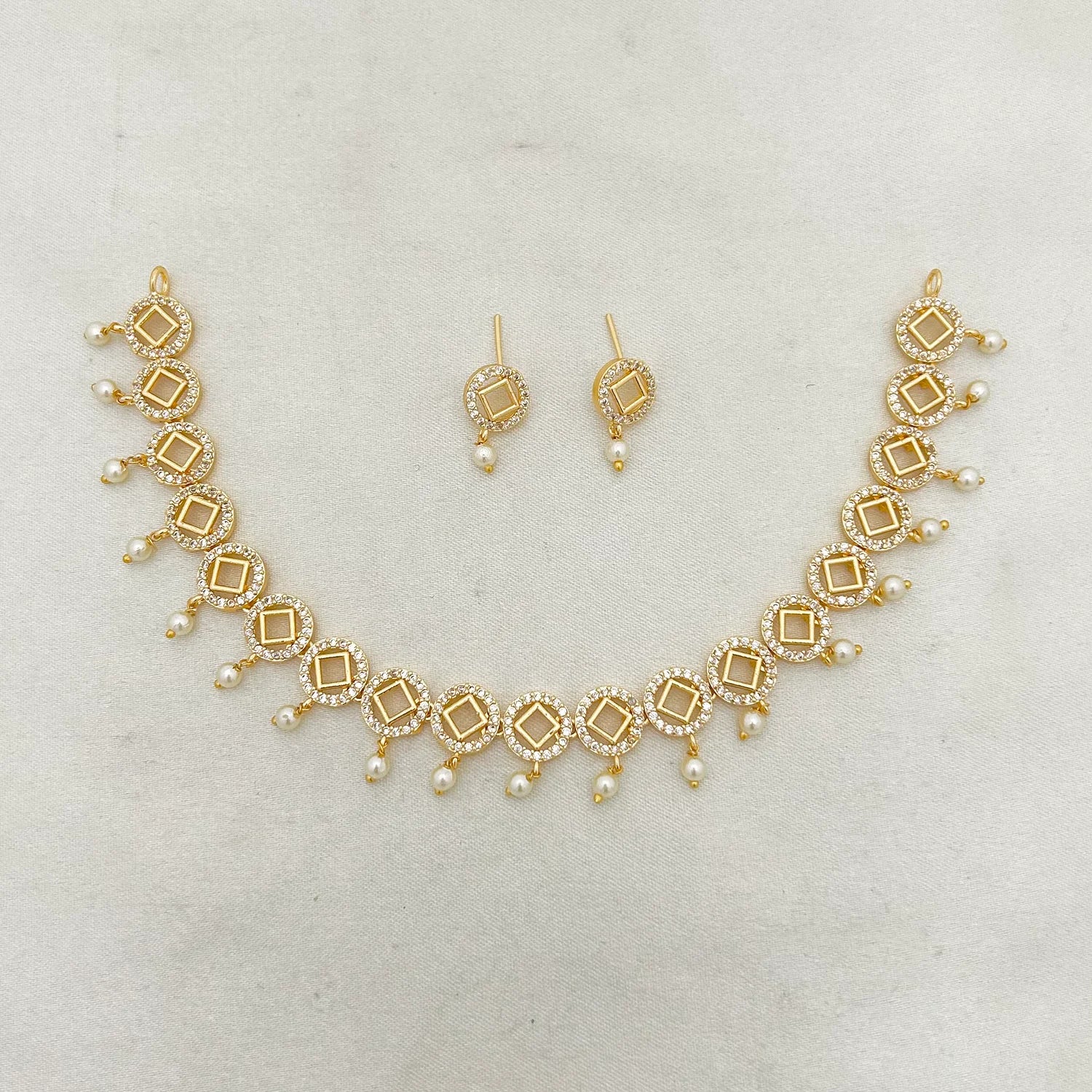 Geometric Pearl Drop American Diamond Necklace Set
