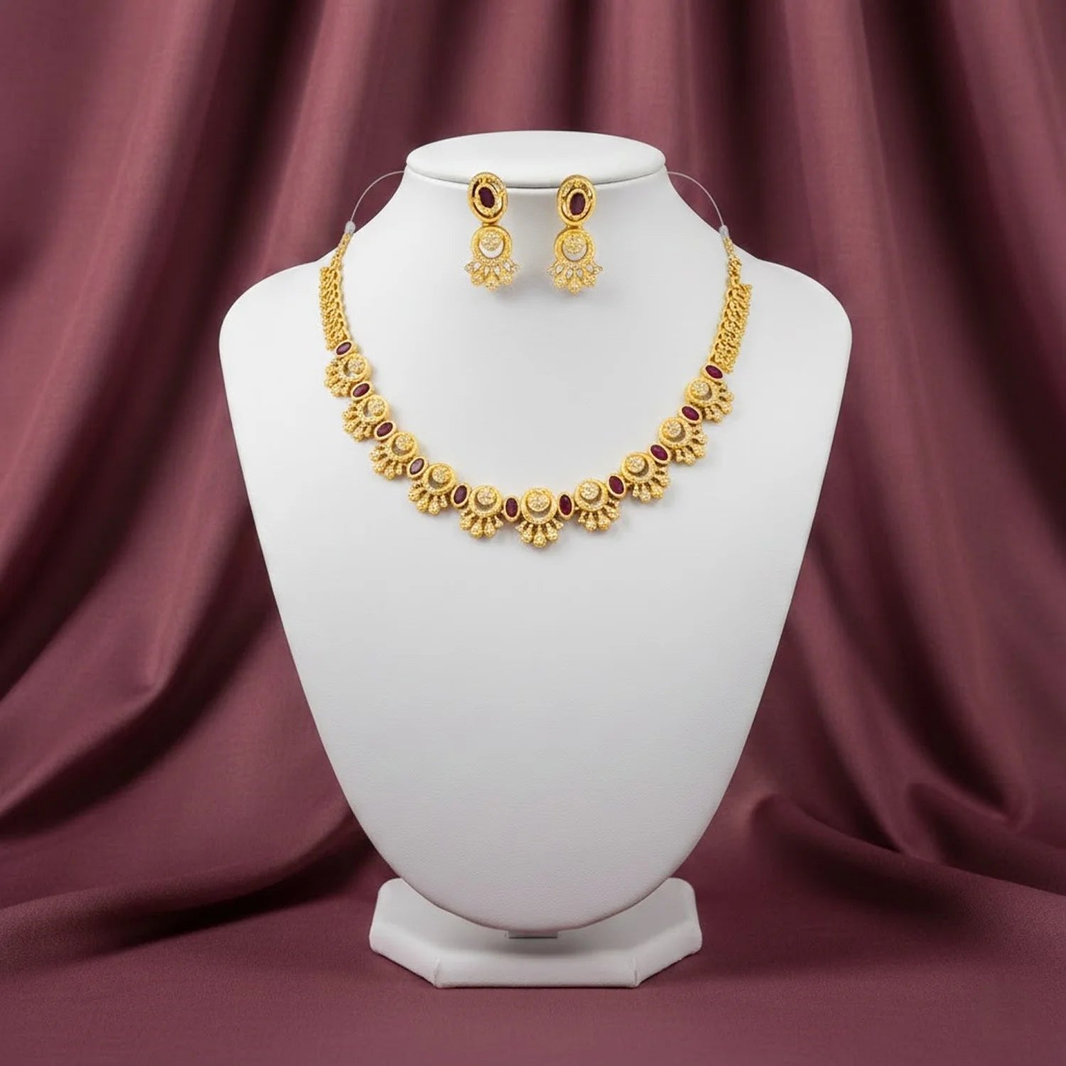 Ruby Stone American Diamond Necklace Set with Earrings