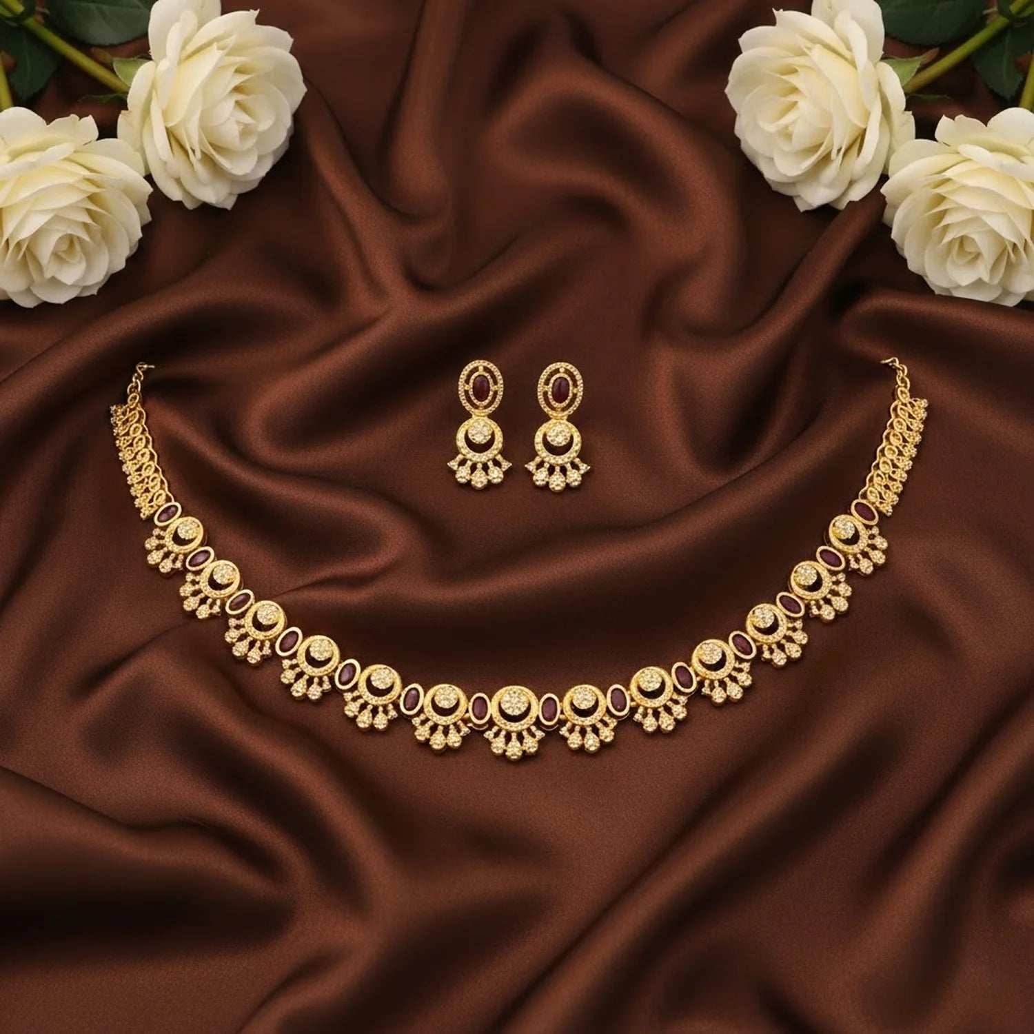 Ruby Stone American Diamond Necklace Set with Earrings