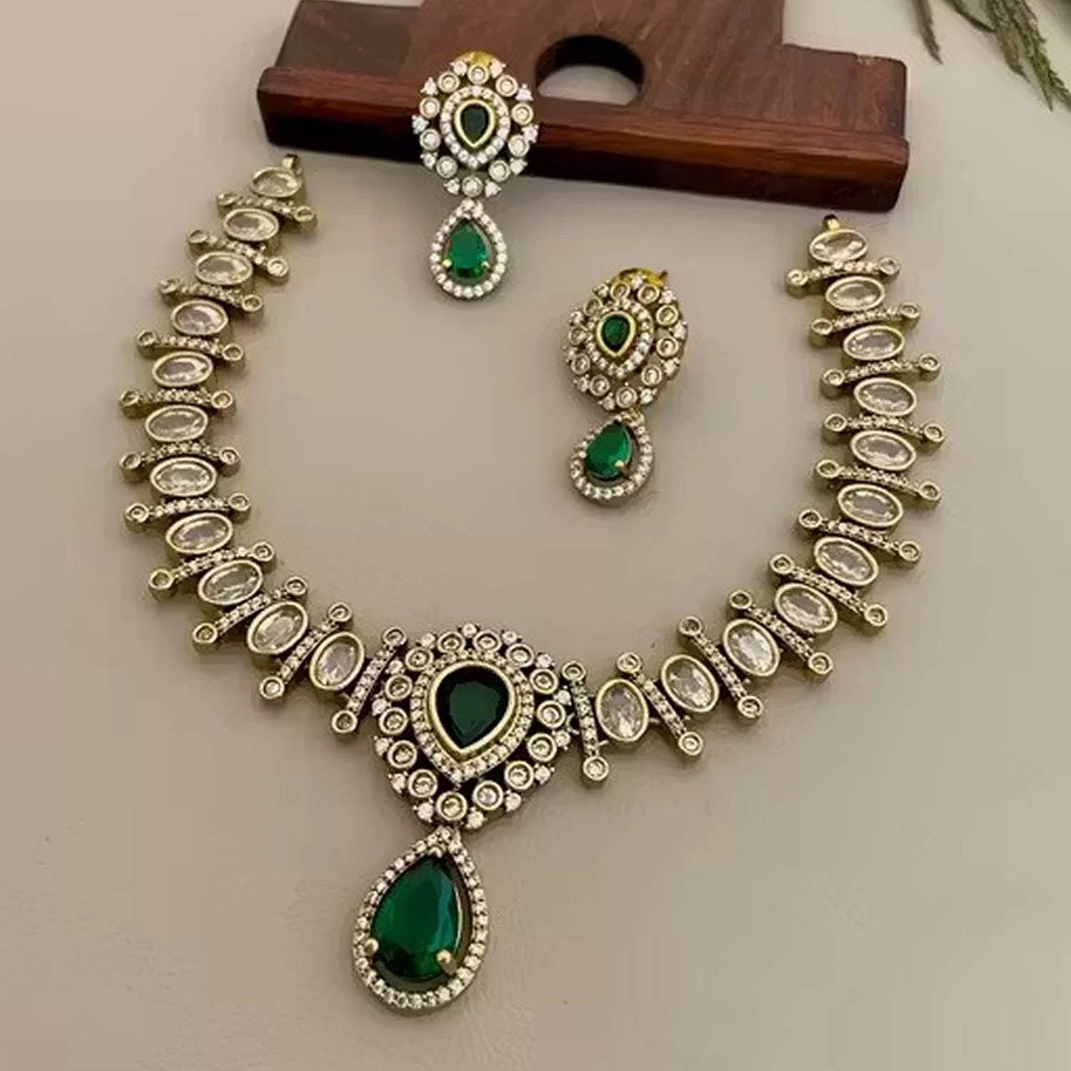 Emerald Green American Diamond Necklace Set with Earrings