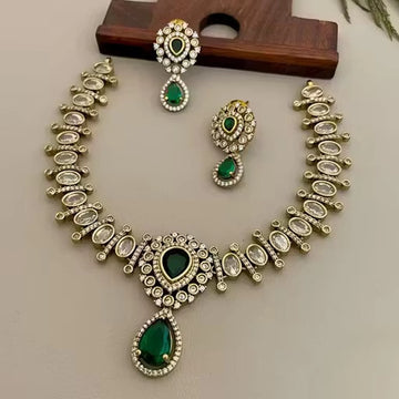 Emerald Green American Diamond Necklace Set with Earrings