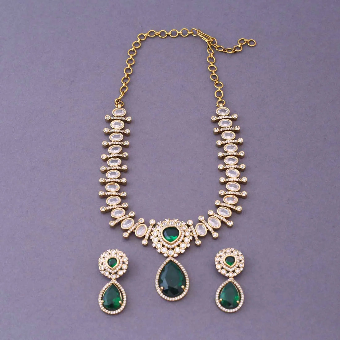 Emerald Green American Diamond Necklace Set with Earrings
