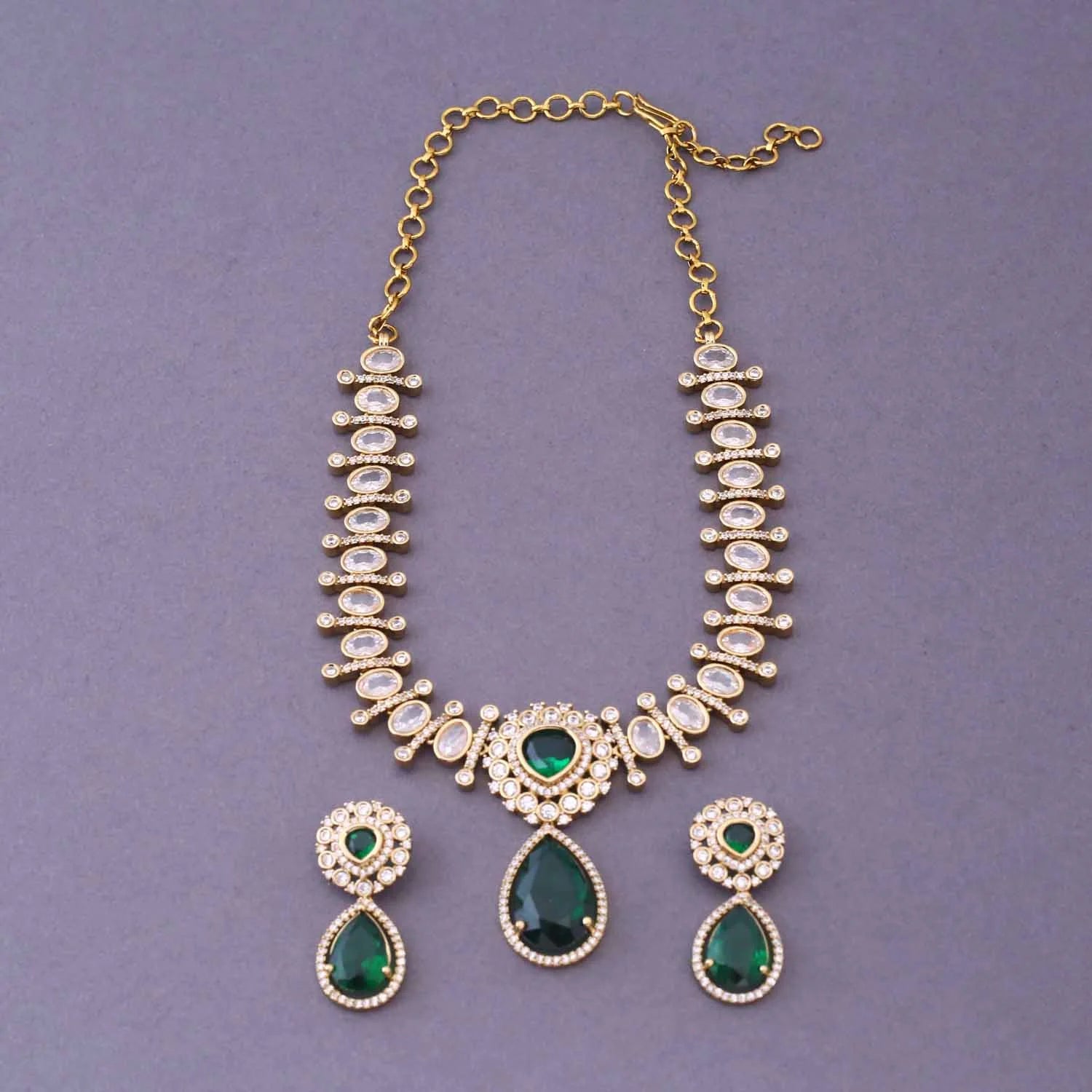 Emerald Green American Diamond Necklace Set with Earrings