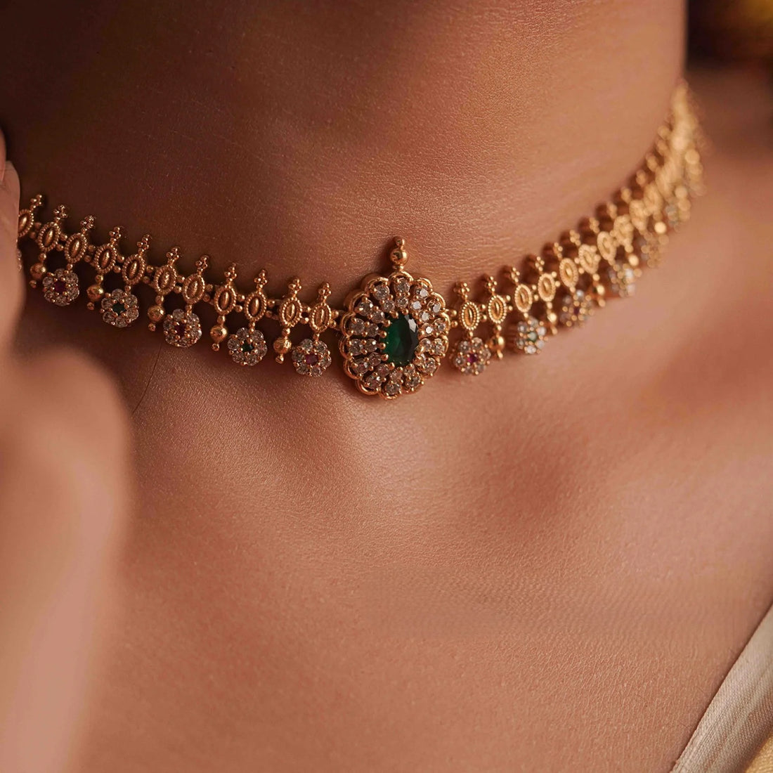 Floral Green American Diamond Necklace Set with Pendant