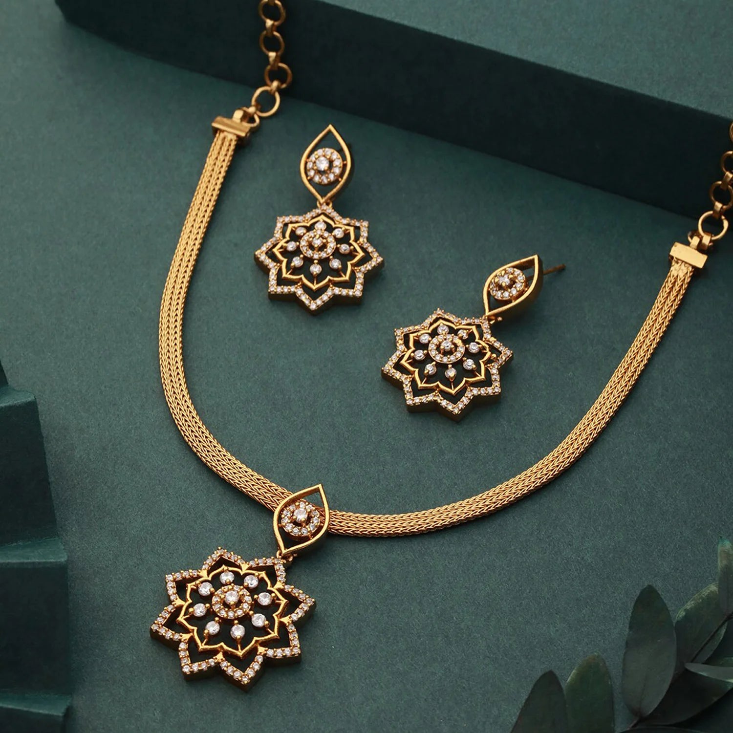 Gold Finish American Diamond Pendant Necklace Set