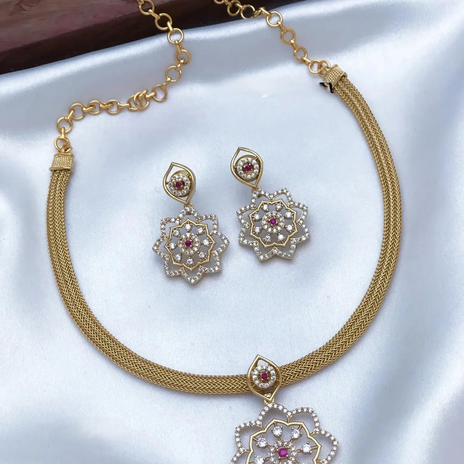Gold Finish American Diamond Pendant Necklace Set