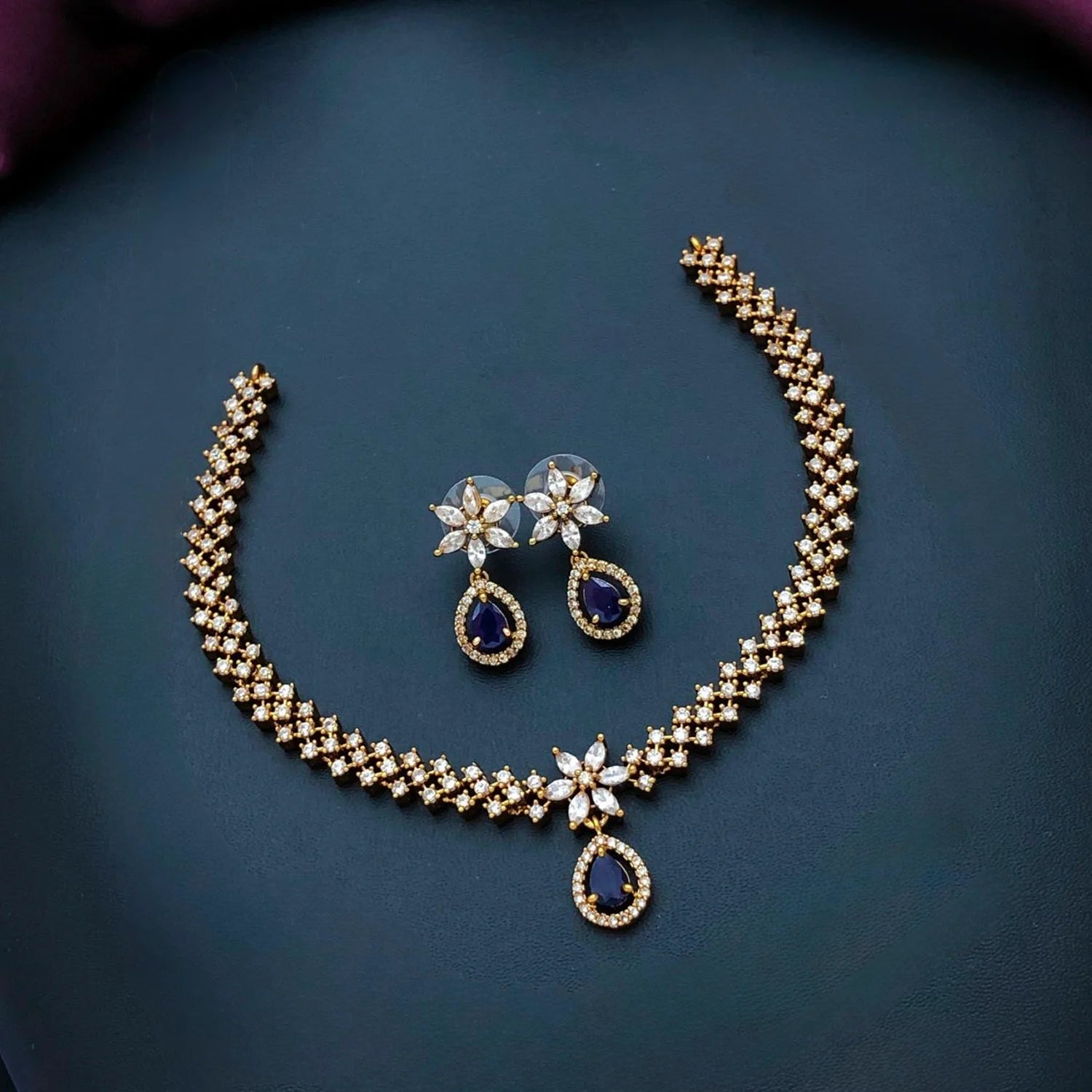 Blue Stone American Diamond Chain Necklace Set