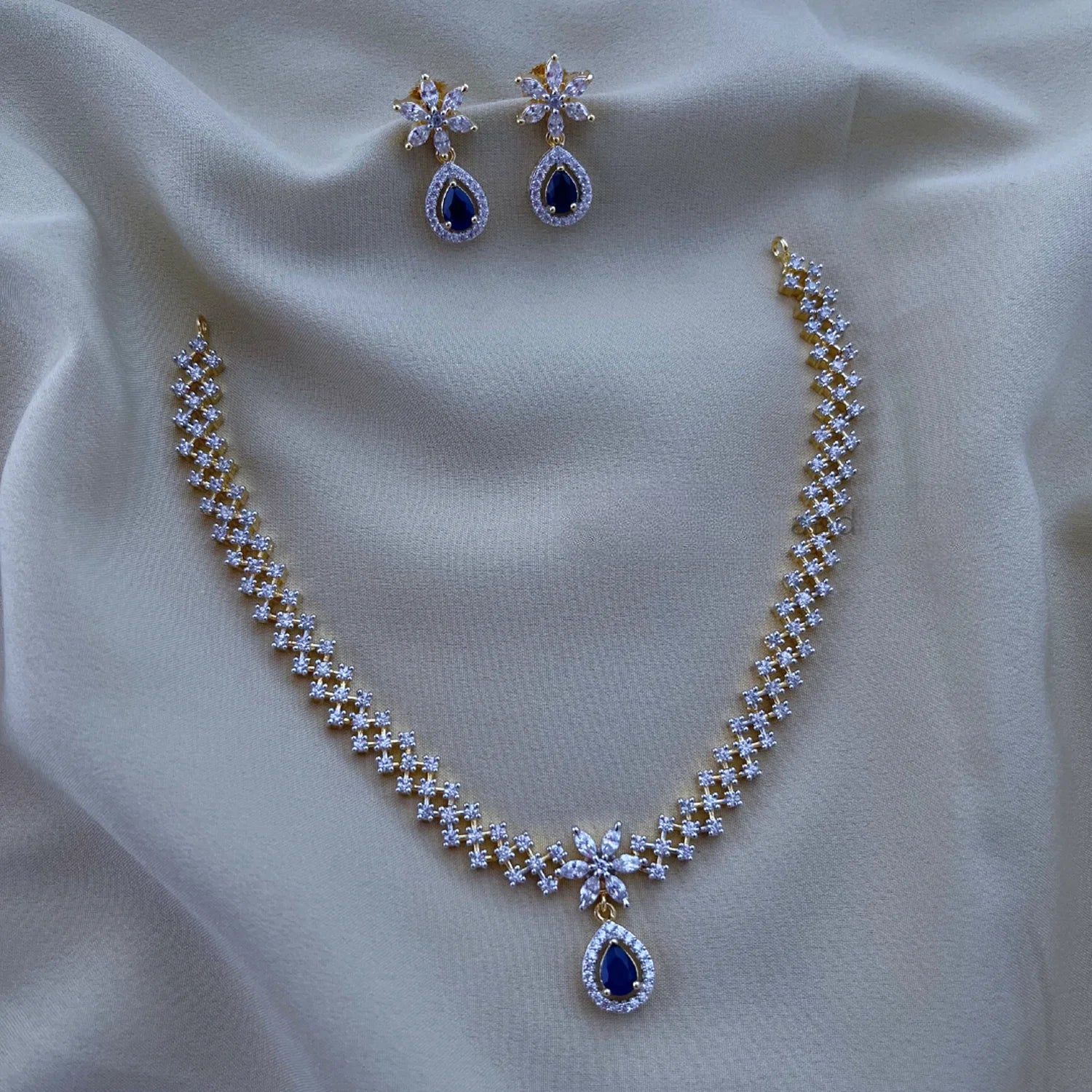 Blue Stone American Diamond Chain Necklace Set