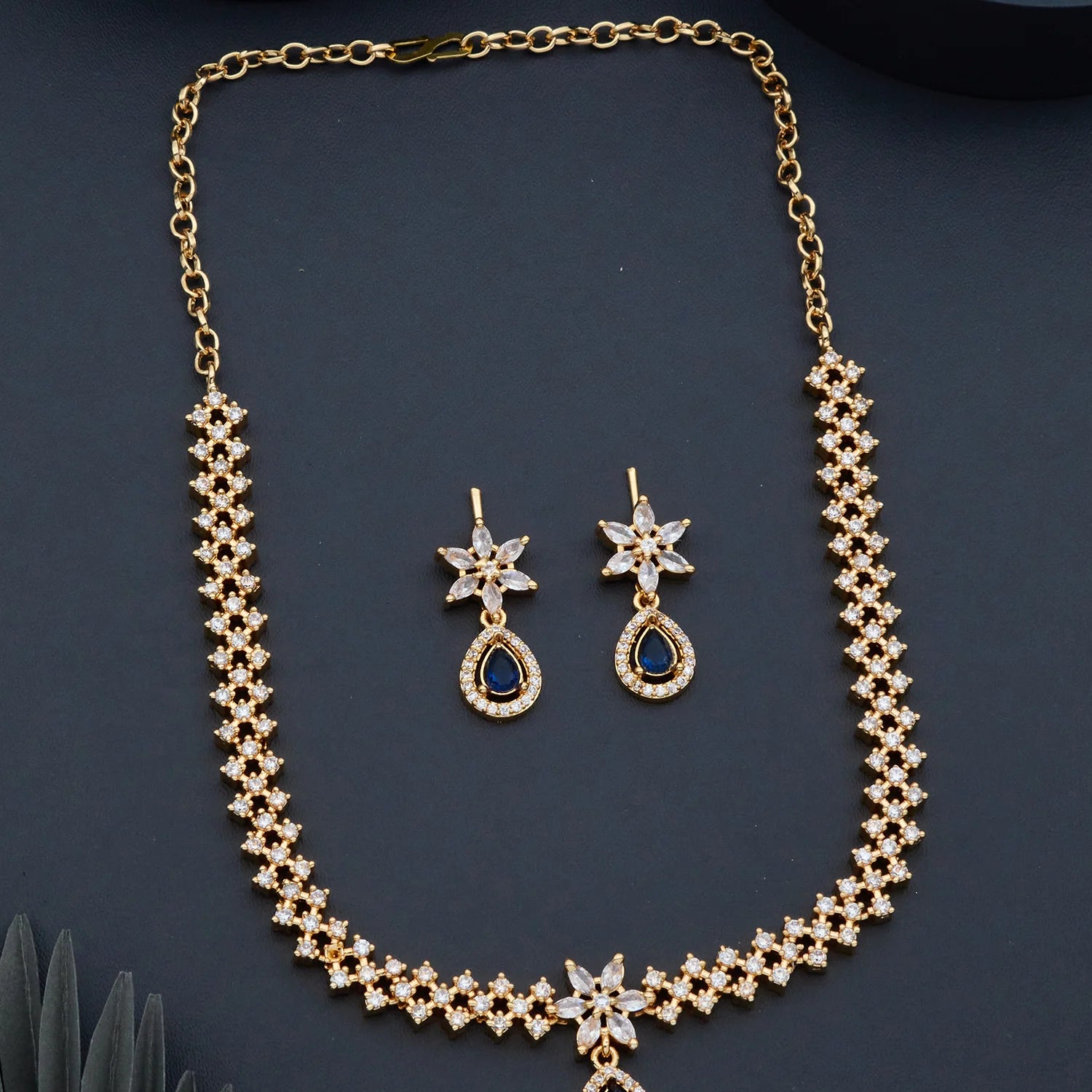 Blue Stone American Diamond Chain Necklace Set