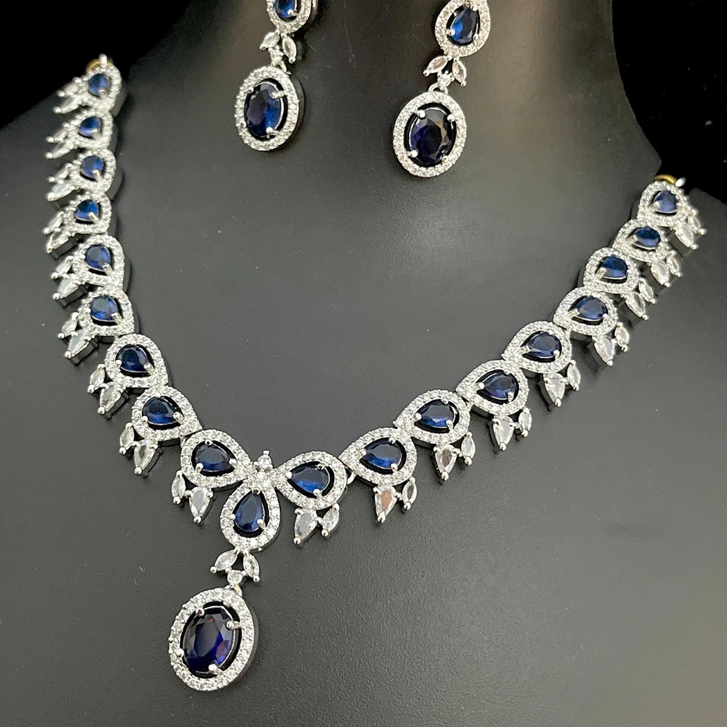 Blue Stone American Diamond Necklace Set with Earrings