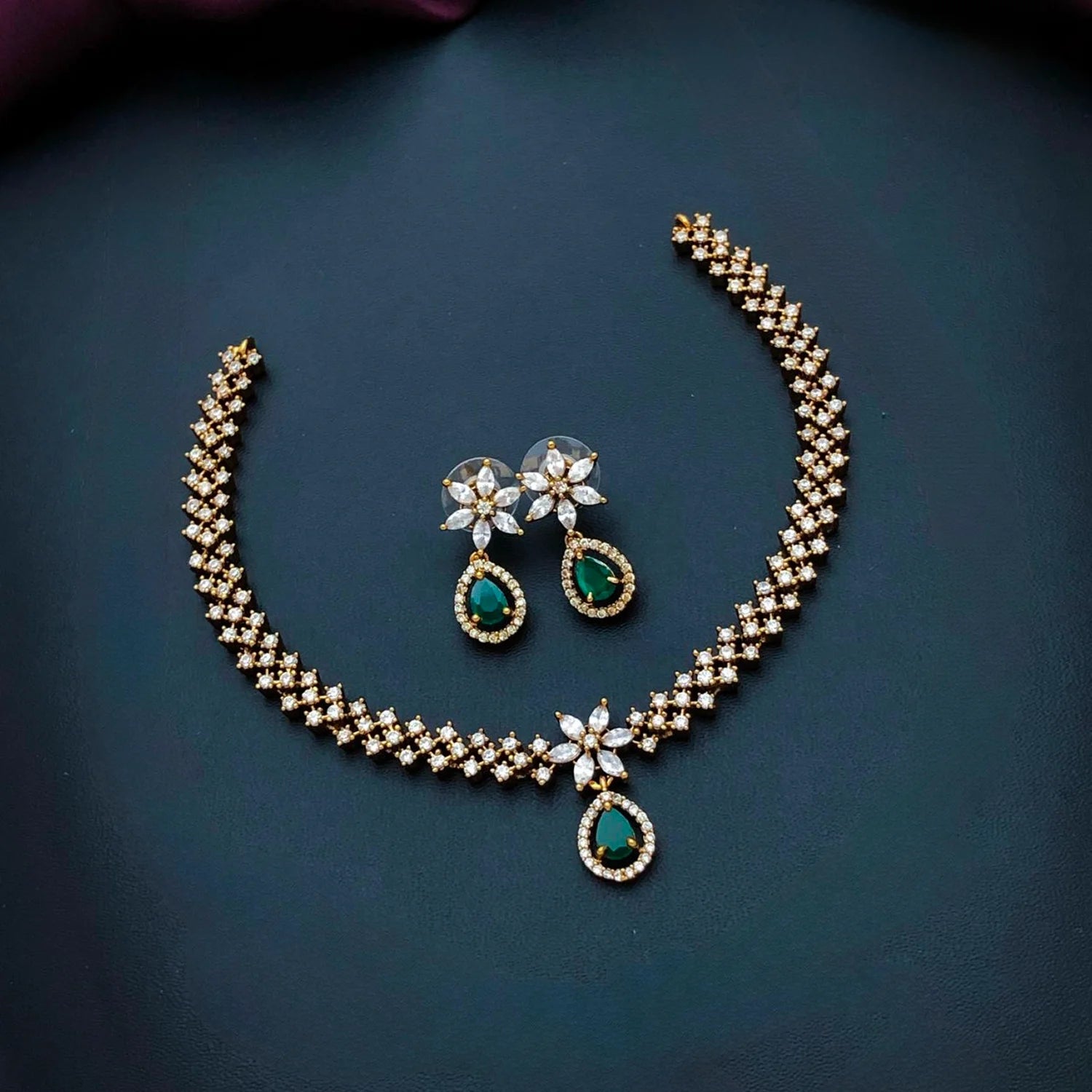 Floral Green Stone American Diamond Necklace Set