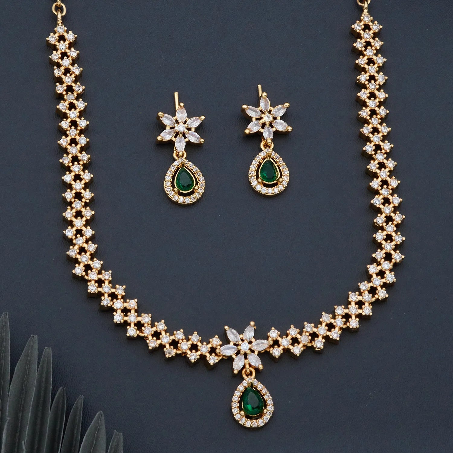 Floral Green Stone American Diamond Necklace Set
