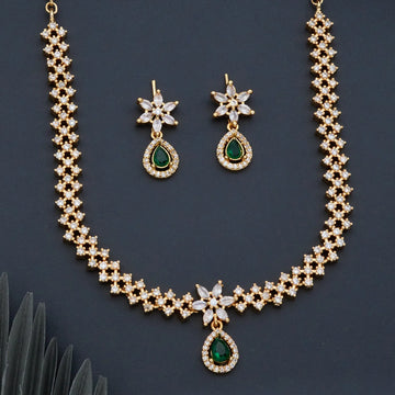 Floral Green Stone American Diamond Necklace Set