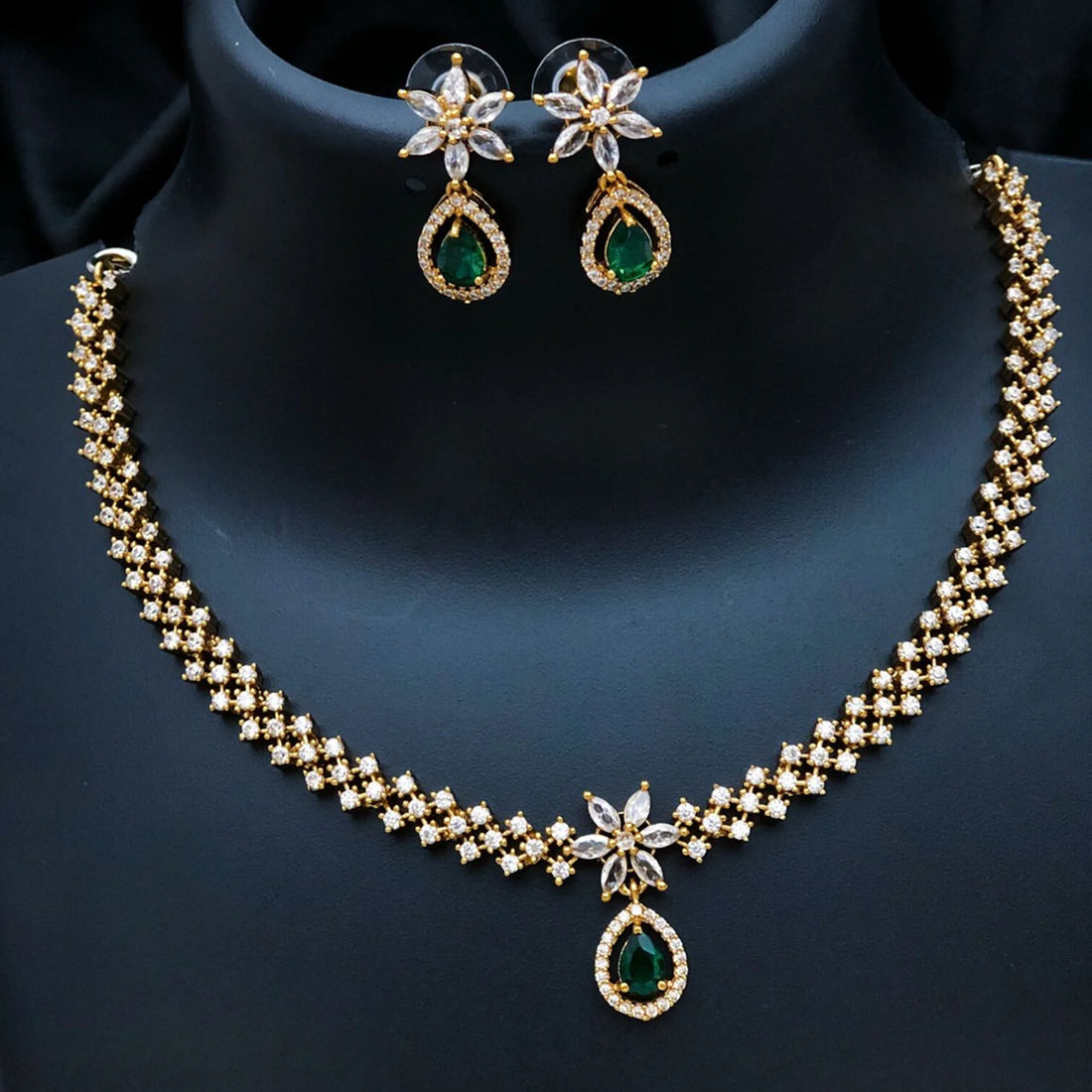 Floral Green Stone American Diamond Necklace Set