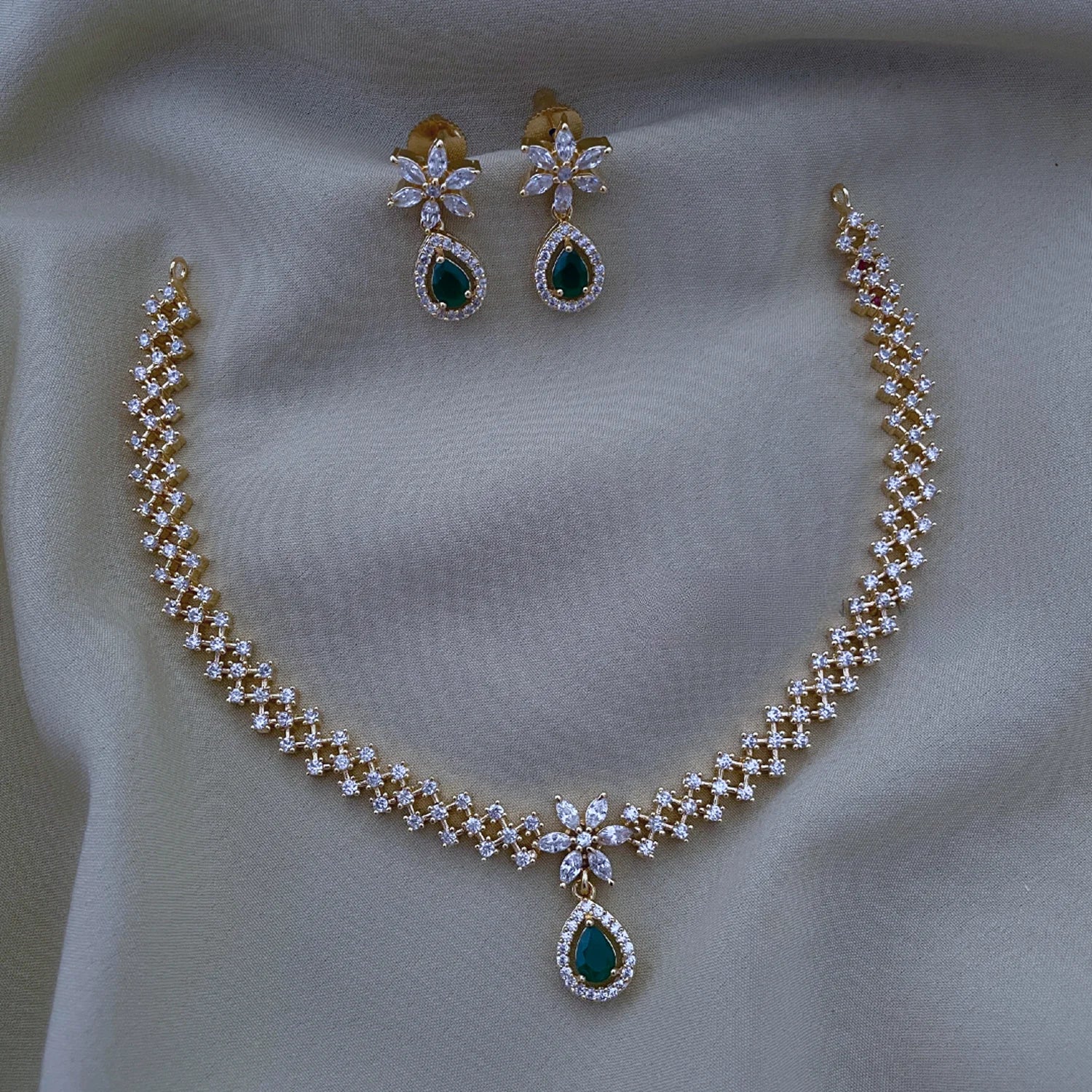 Floral Green Stone American Diamond Necklace Set