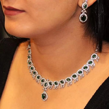 Green Stone American Diamond Necklace Set with Earrings
