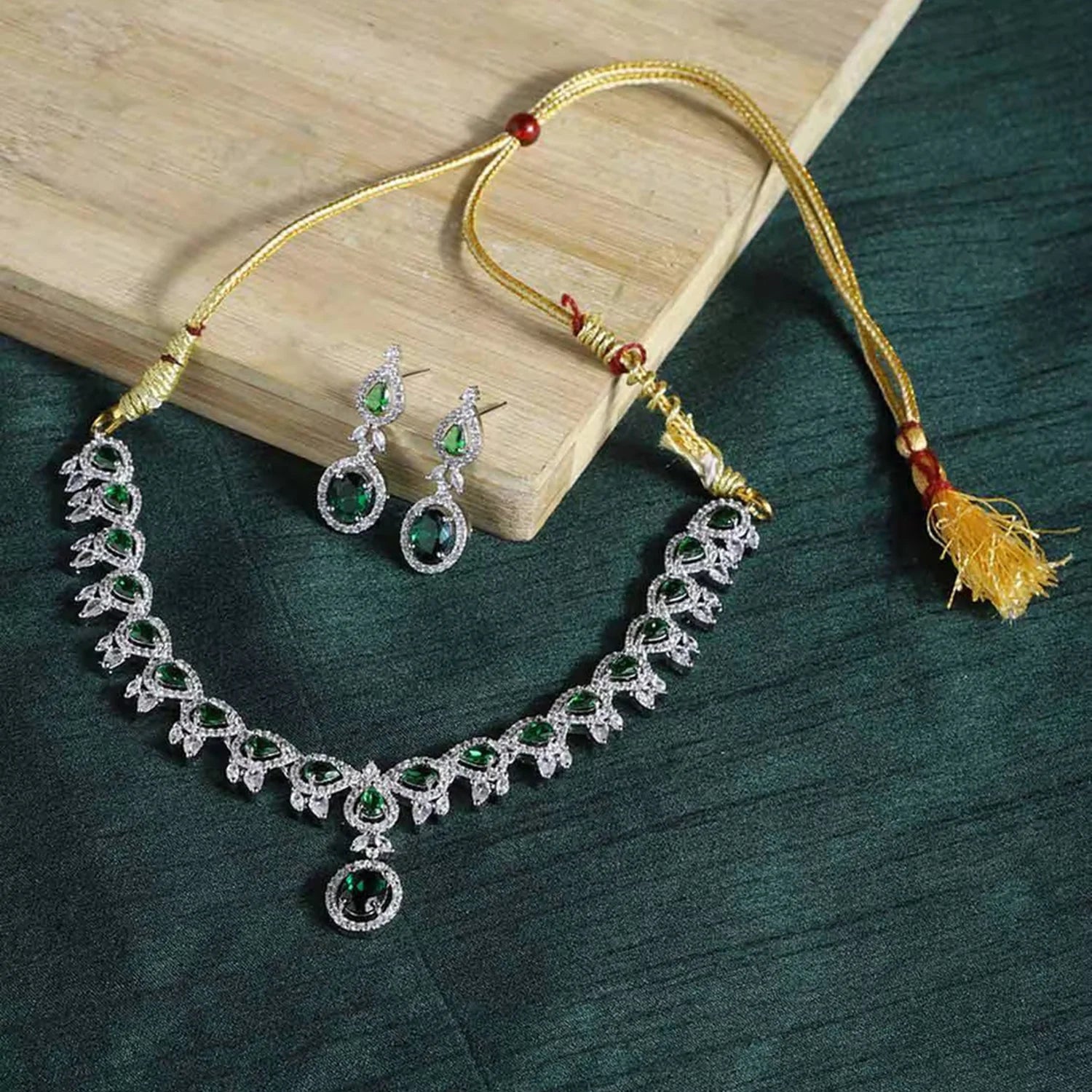 Green Stone American Diamond Necklace Set with Earrings