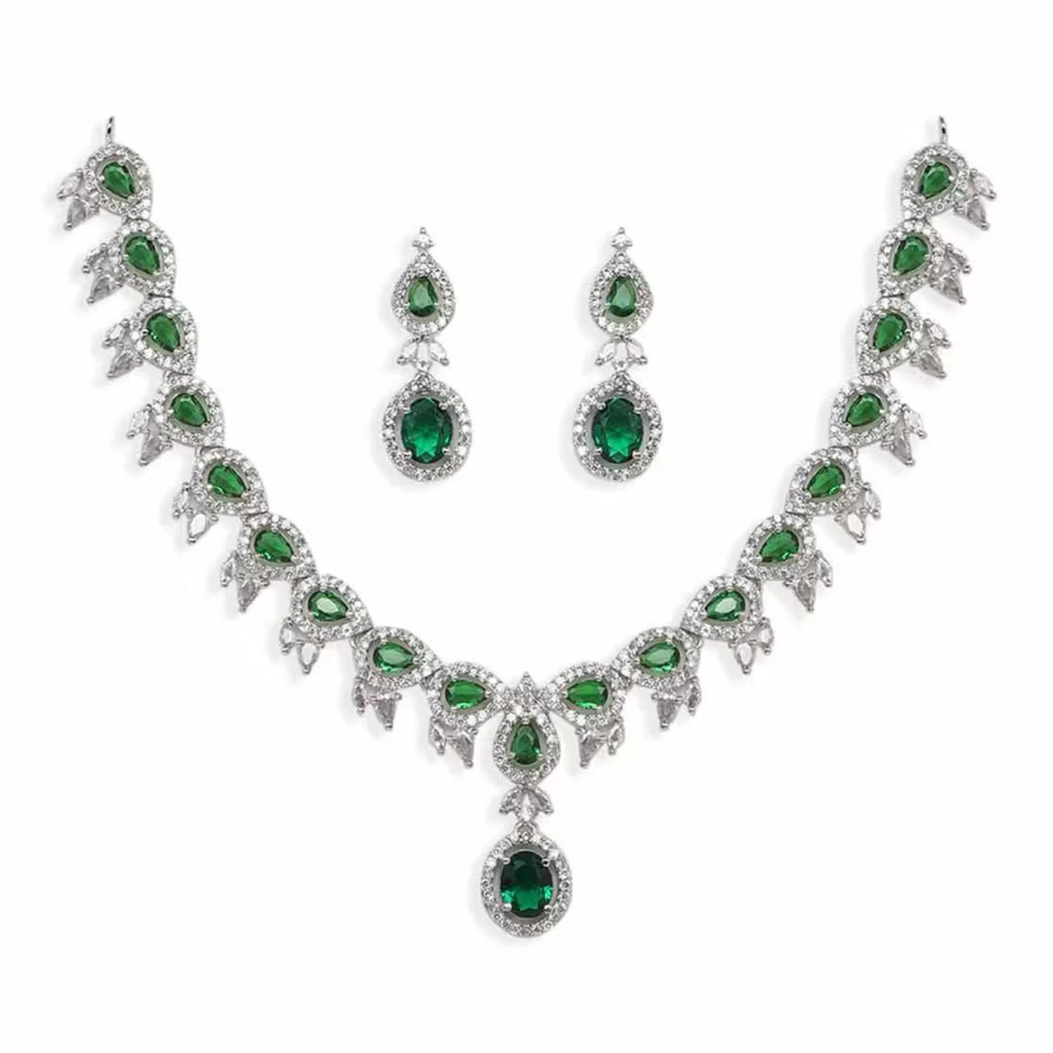 Green Stone American Diamond Necklace Set with Earrings