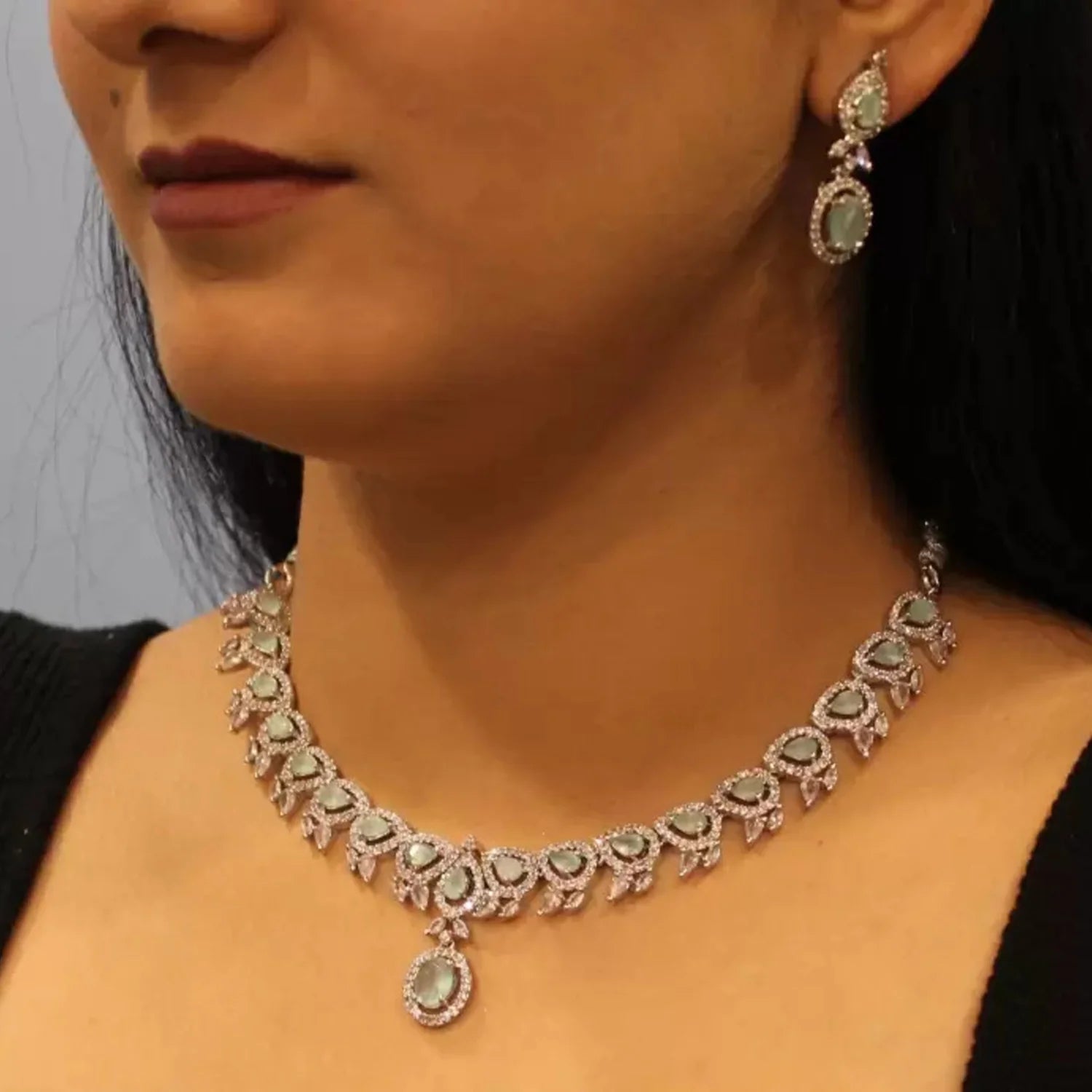 Mint Green American Diamond Necklace Set for Women | Floral AD Jewellery