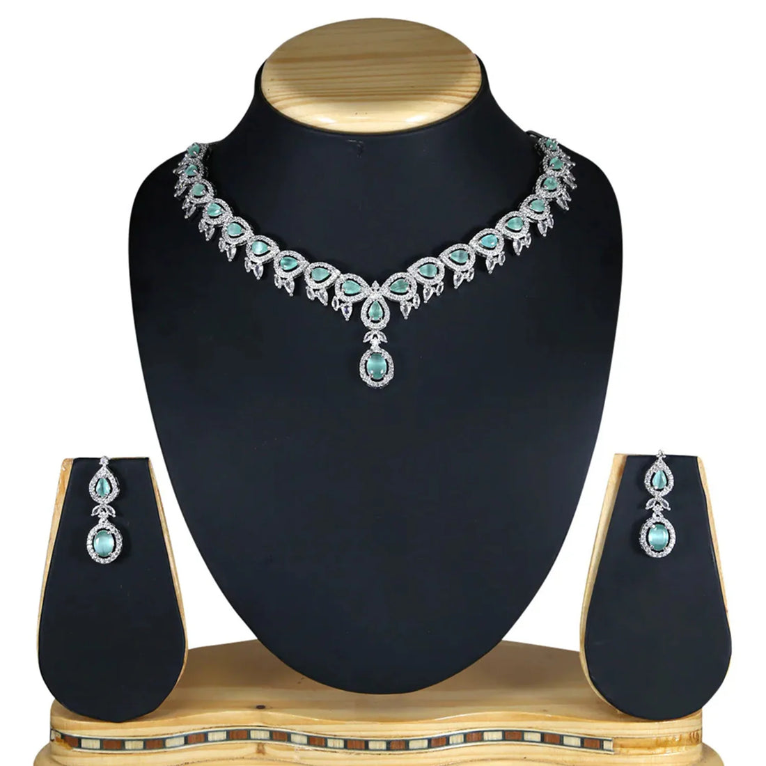 Mint Green American Diamond Necklace Set for Women | Floral AD Jewellery