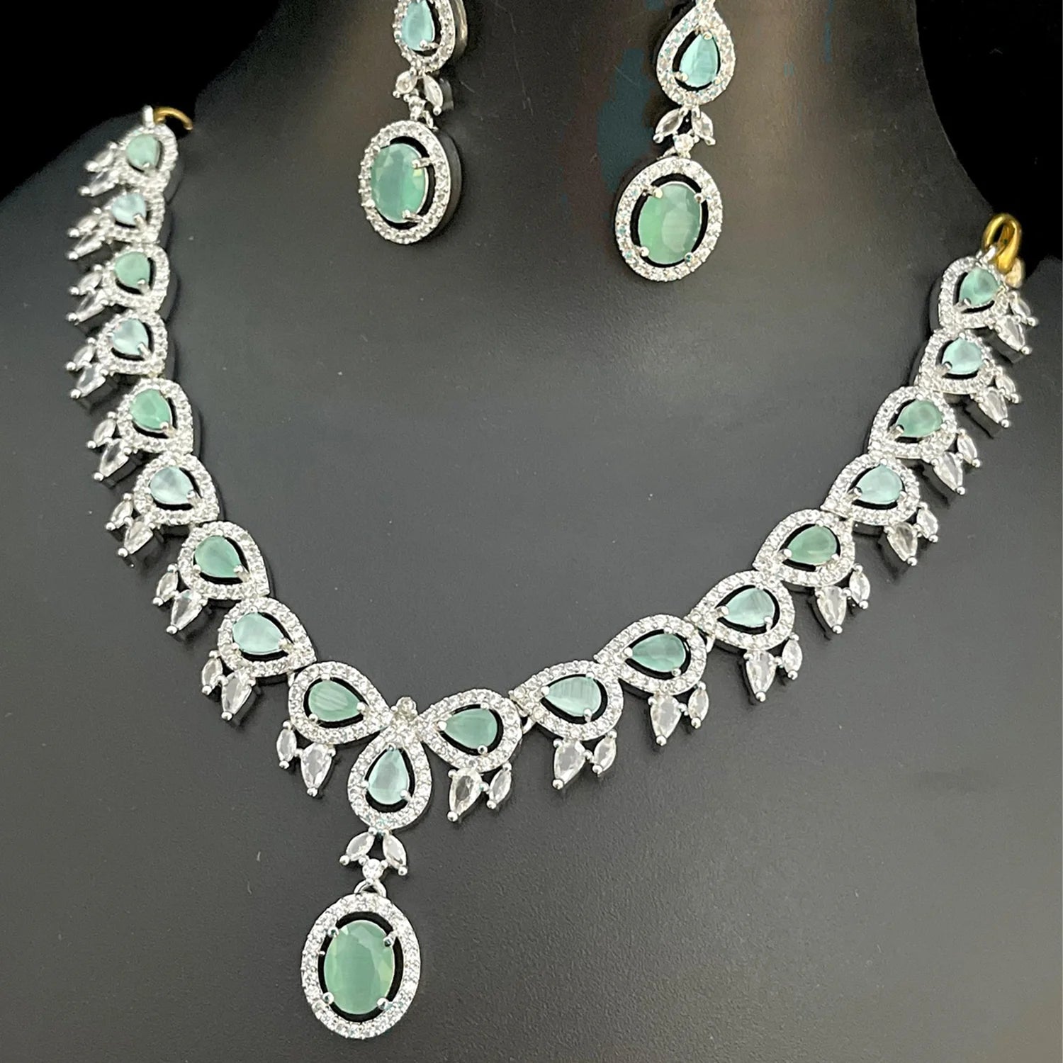 Mint Green American Diamond Necklace Set for Women | Floral AD Jewellery