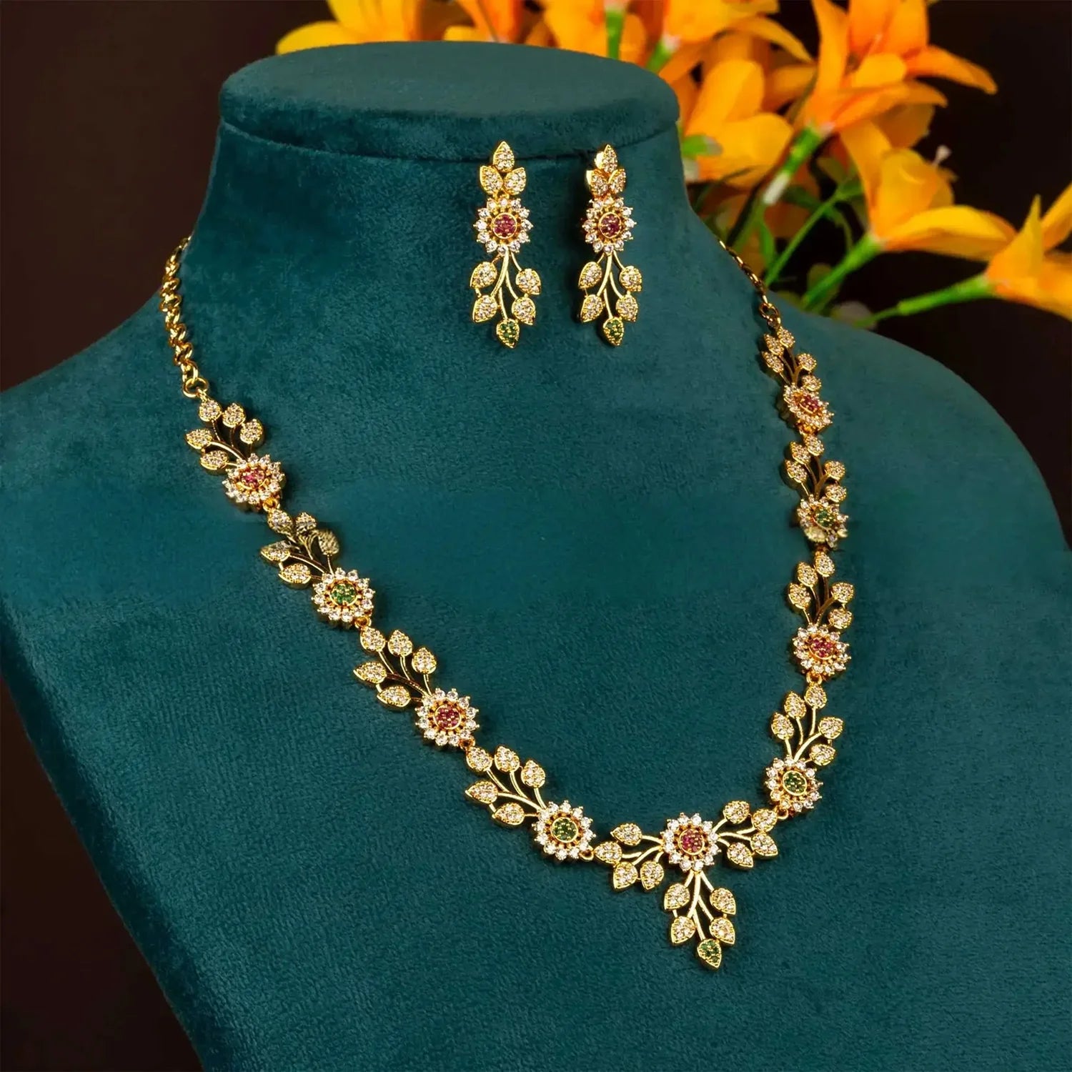 Multicolor Floral American Diamond Necklace Set