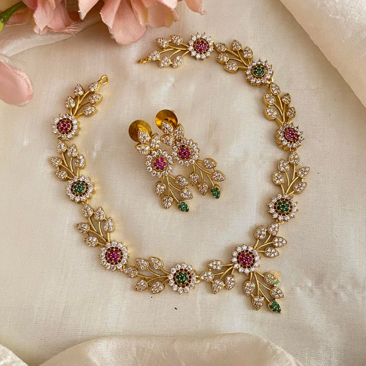 Multicolor Floral American Diamond Necklace Set