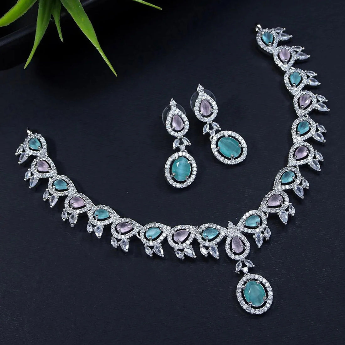 Multicolor Floral American Diamond Necklace Set