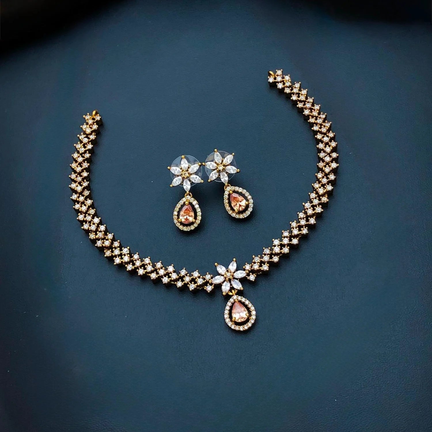 Pink Stone Floral American Diamond Necklace Set