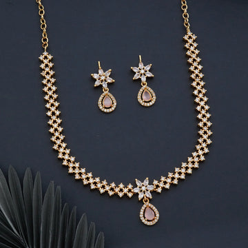 Pink Stone Floral American Diamond Necklace Set