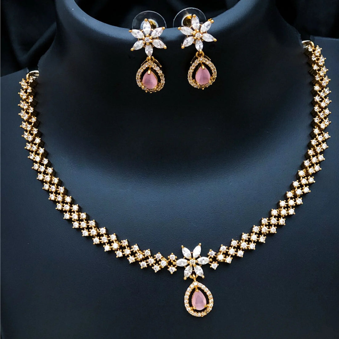 Pink Stone Floral American Diamond Necklace Set