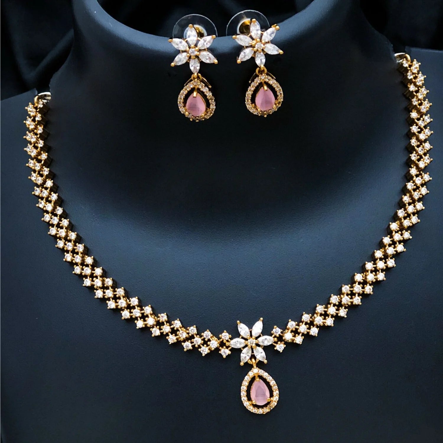 Pink Stone Floral American Diamond Necklace Set