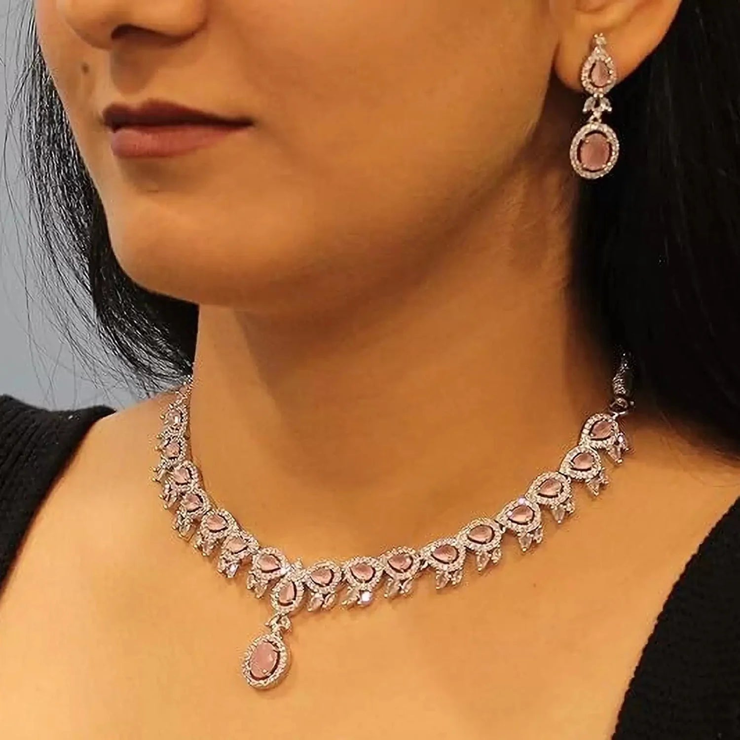 Pink American Diamond Necklace Set with Earrings
