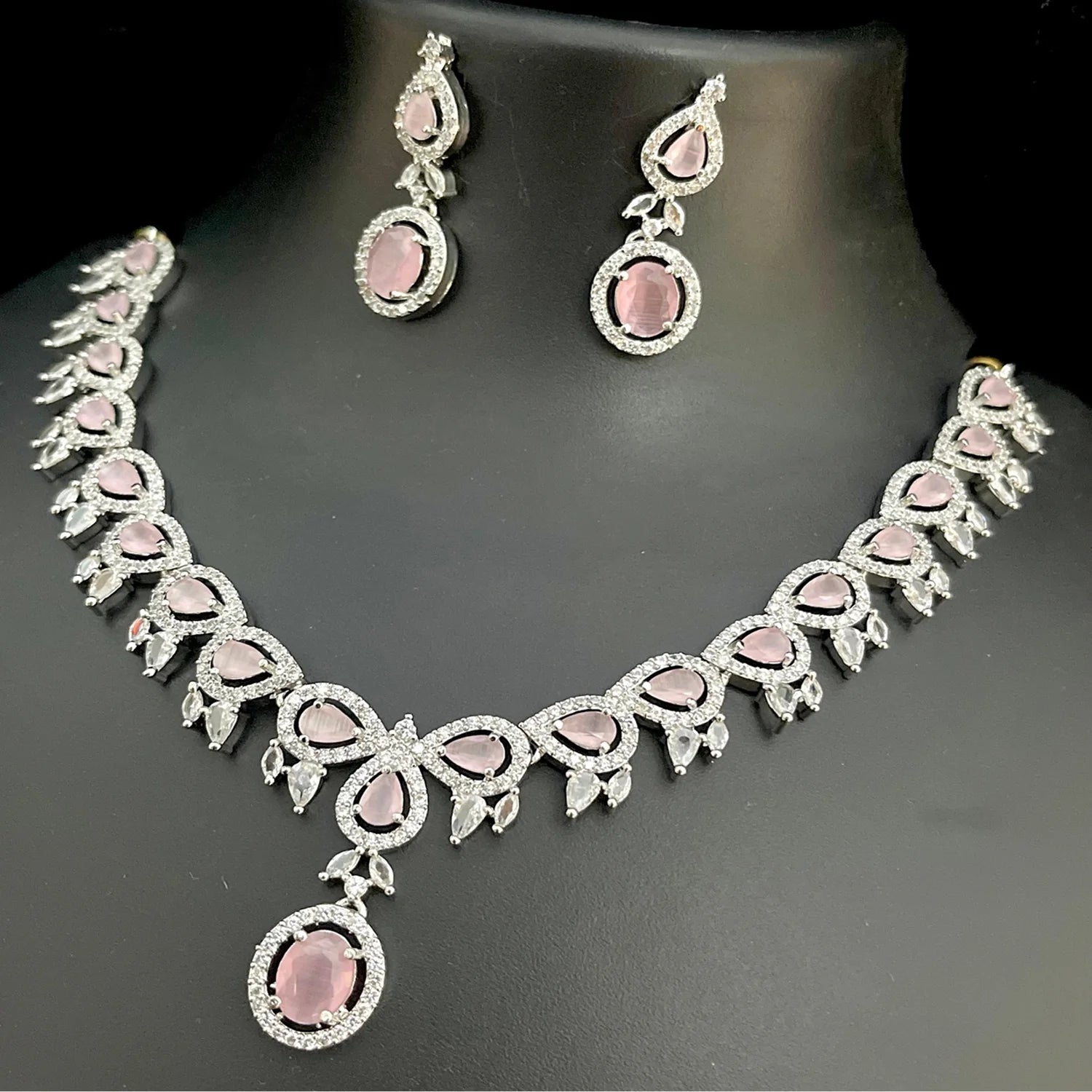 Pink American Diamond Necklace Set with Earrings