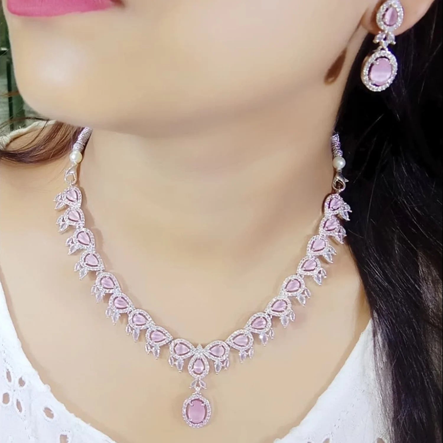 Pink American Diamond Necklace Set with Earrings
