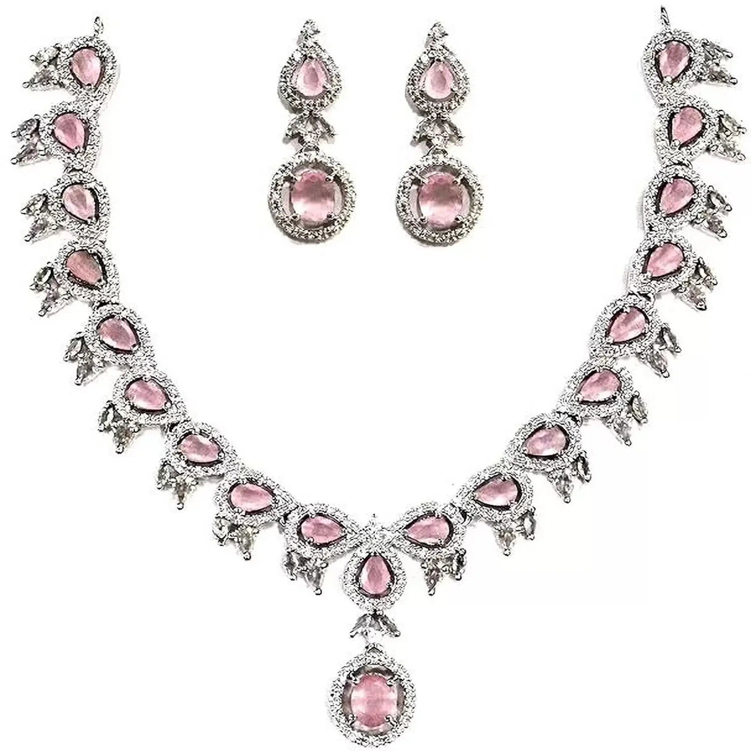 Pink American Diamond Necklace Set with Earrings