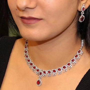 Red AD Silver Look Diamond Necklace Set with Earrings