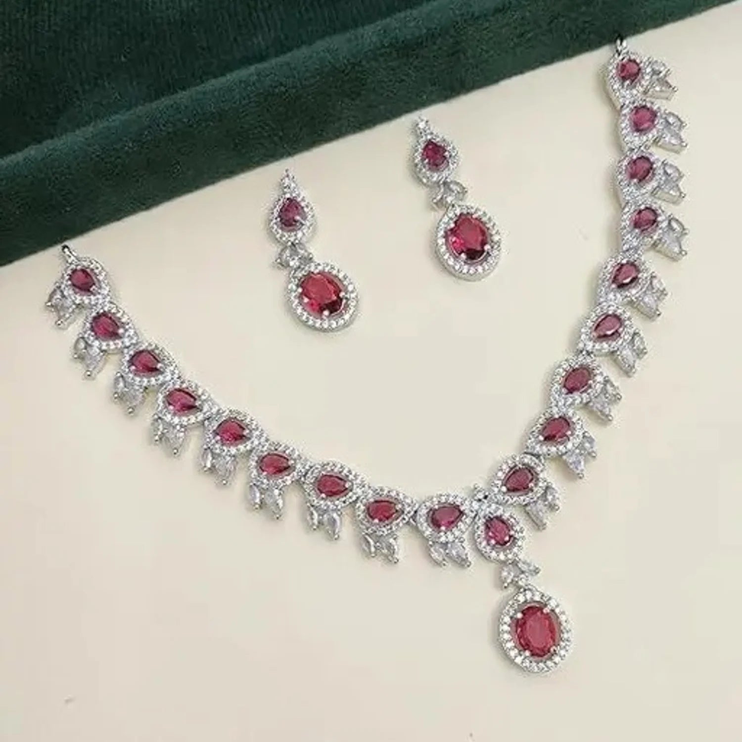 Red AD Silver Look Diamond Necklace Set with Earrings