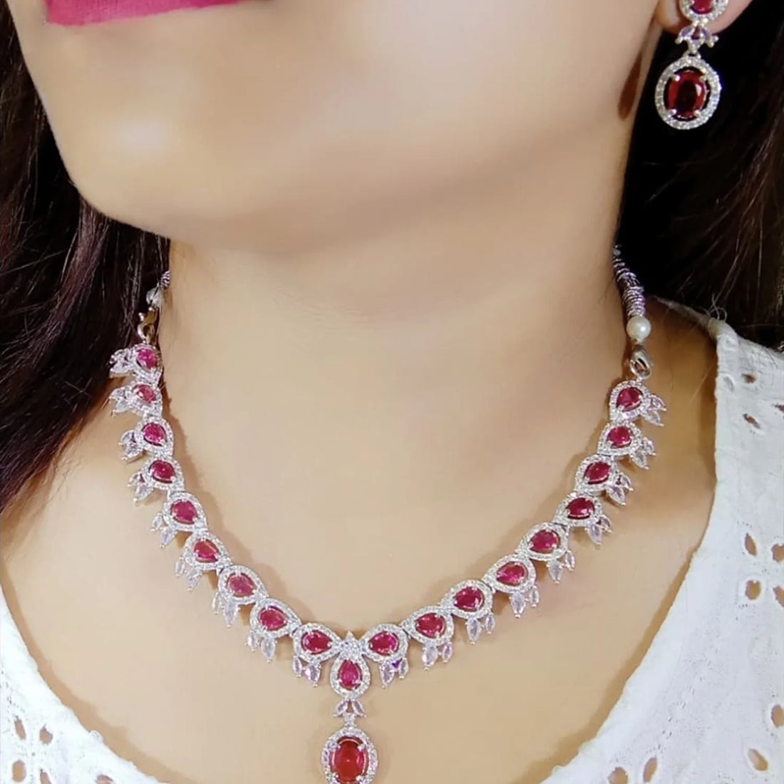 Red AD Silver Look Diamond Necklace Set with Earrings