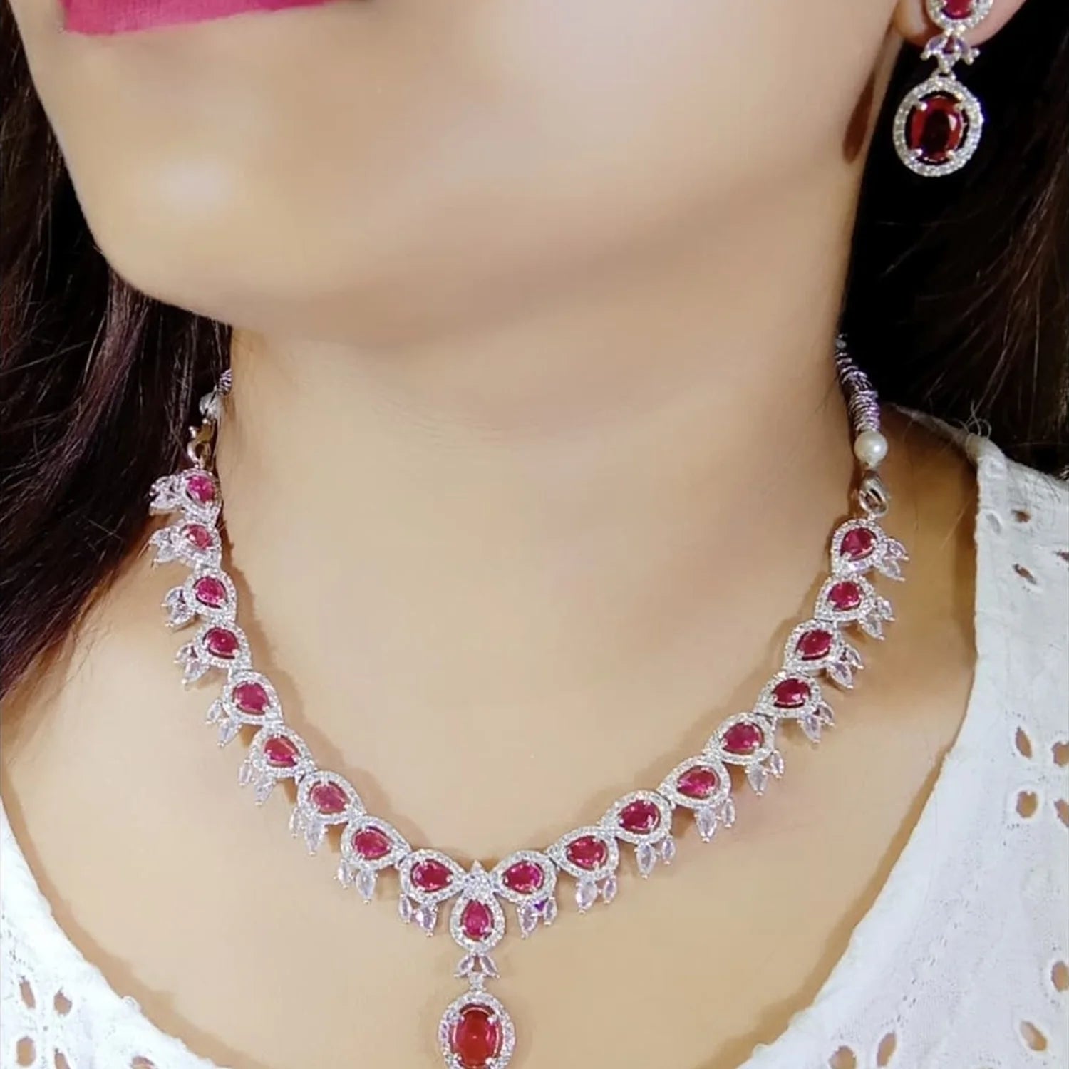 Red AD Silver Look Diamond Necklace Set with Earrings