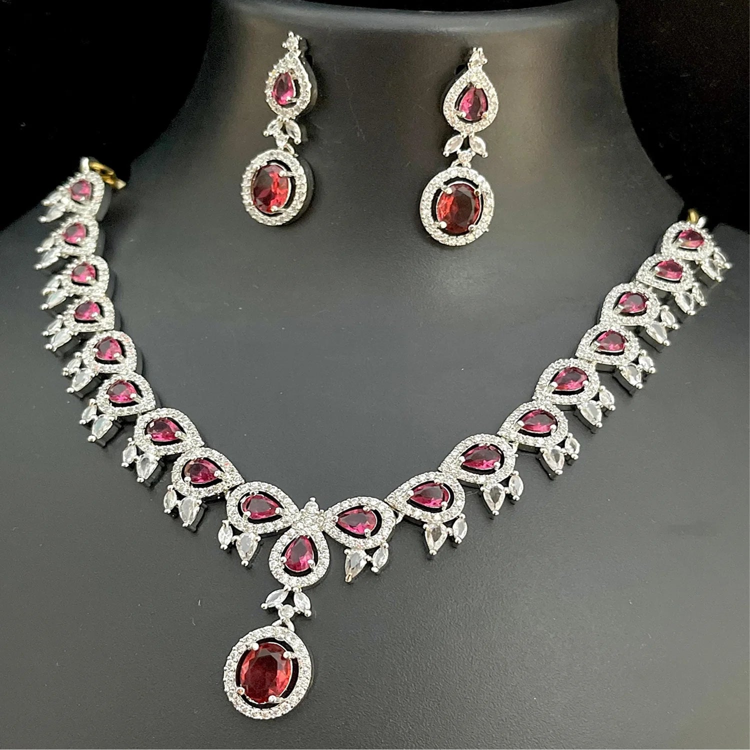 Red AD Silver Look Diamond Necklace Set with Earrings