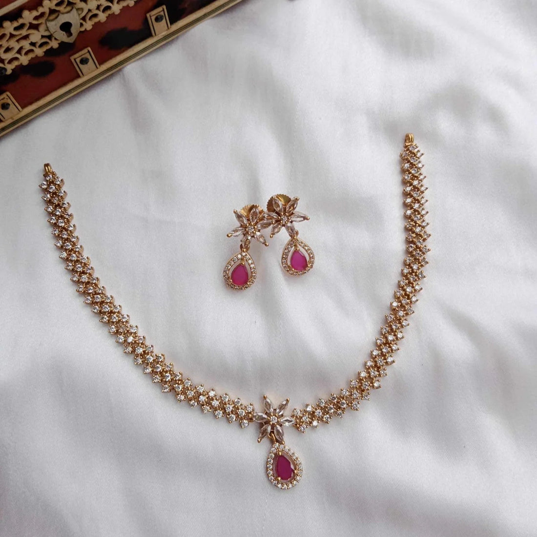 Ruby AD Gold Plated Floral Necklace Set with Earrings