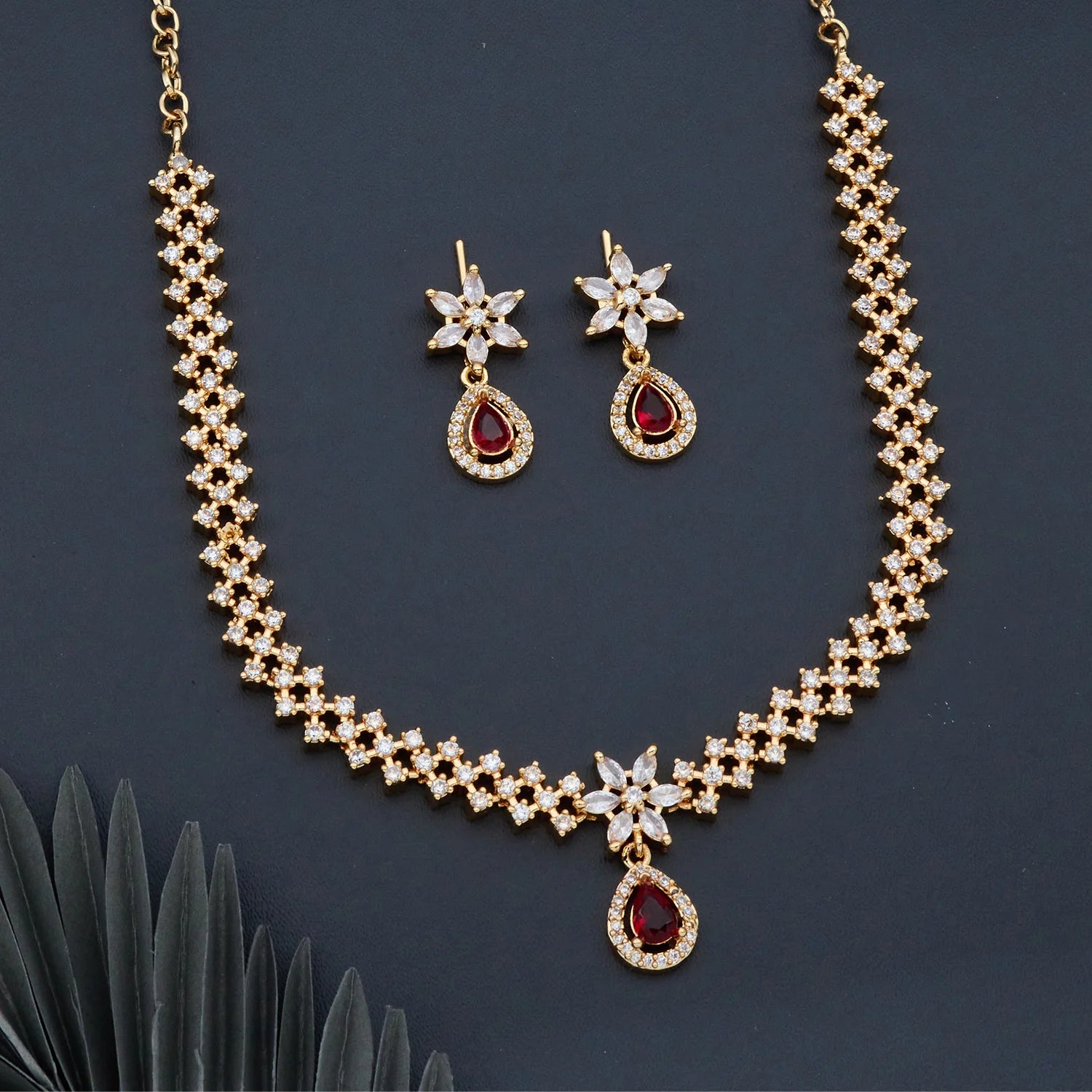 Ruby AD Gold Plated Floral Necklace Set with Earrings