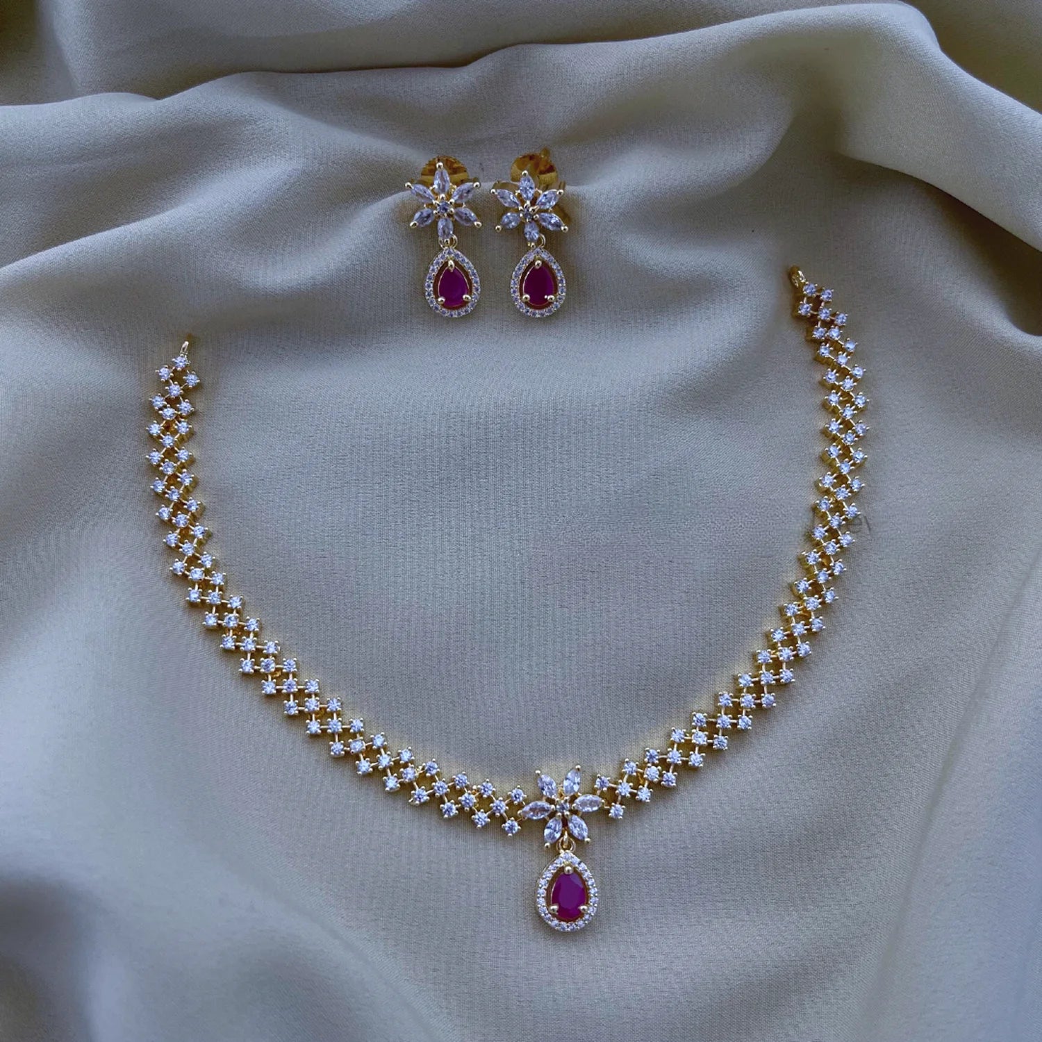 Ruby AD Gold Plated Floral Necklace Set with Earrings