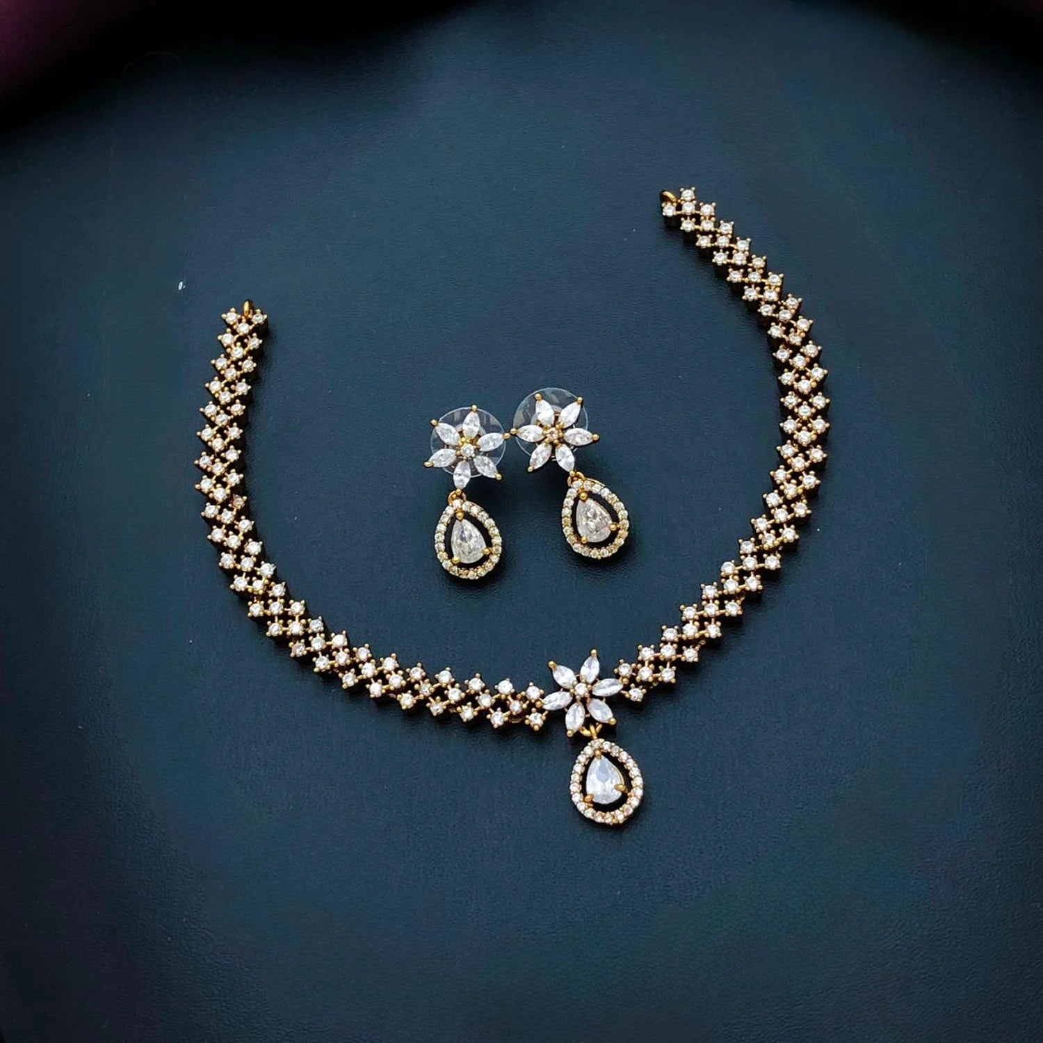 White AD Gold Plated Floral Necklace Set with Earrings
