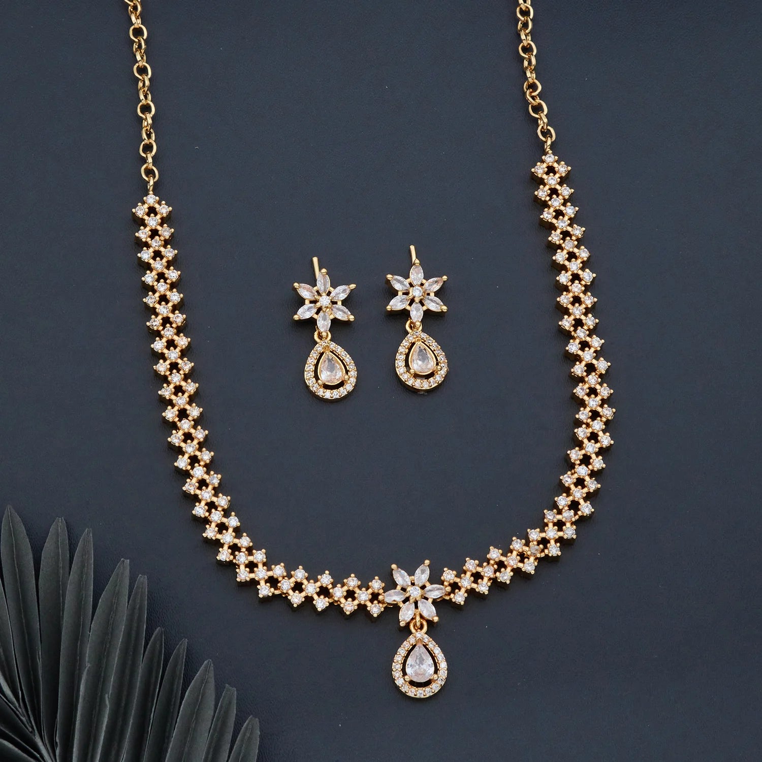 White AD Gold Plated Floral Necklace Set with Earrings