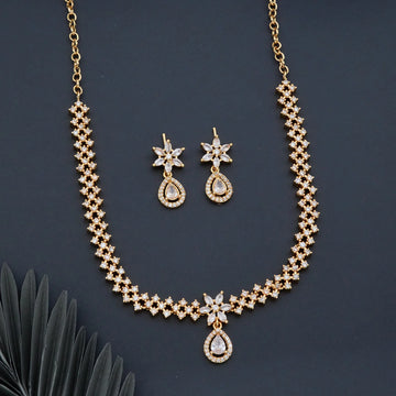 White AD Gold Plated Floral Necklace Set with Earrings