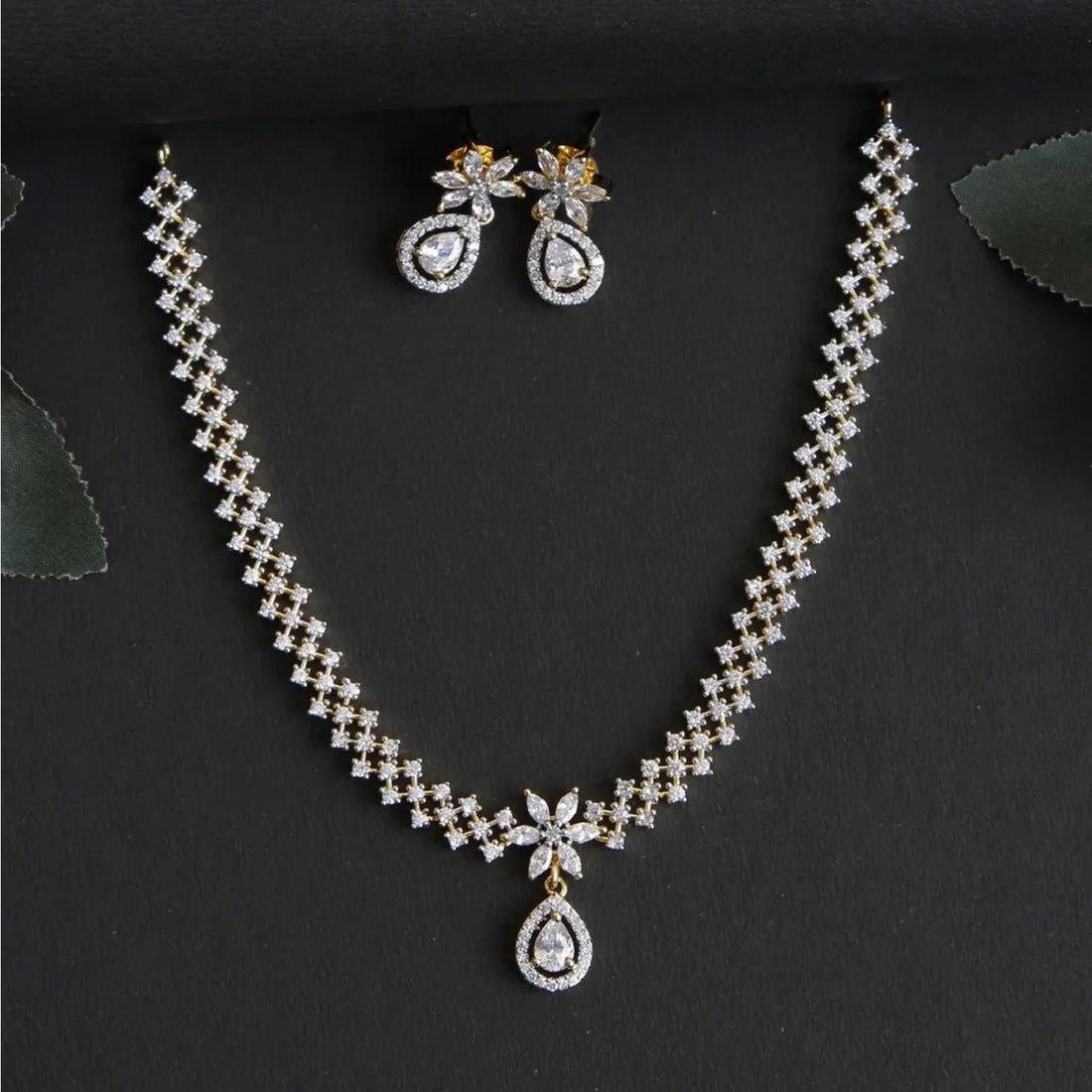 White AD Gold Plated Floral Necklace Set with Earrings