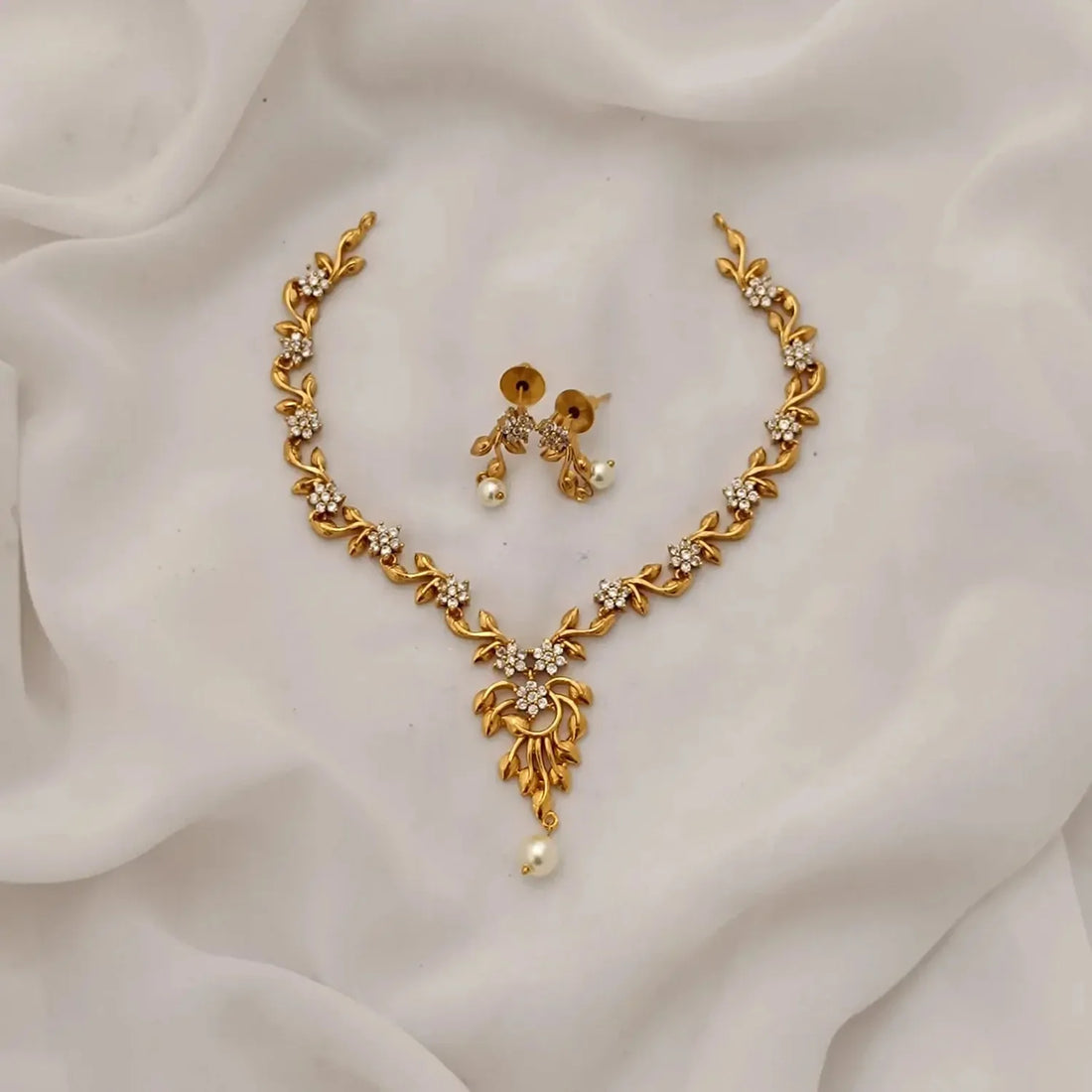 Floral Gold Plated American Diamond Necklace Set